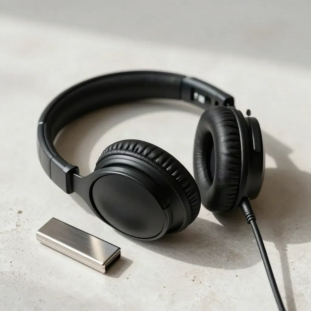 Black DJ cue headphones, metal USB case and adapter ring on pale plaster in soft light.