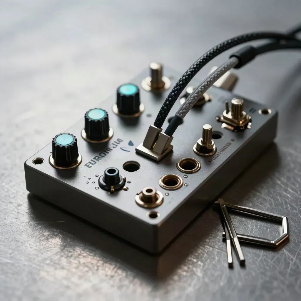 Eurorack module, braided patch leads, and hex keys on brushed steel under skimming light.