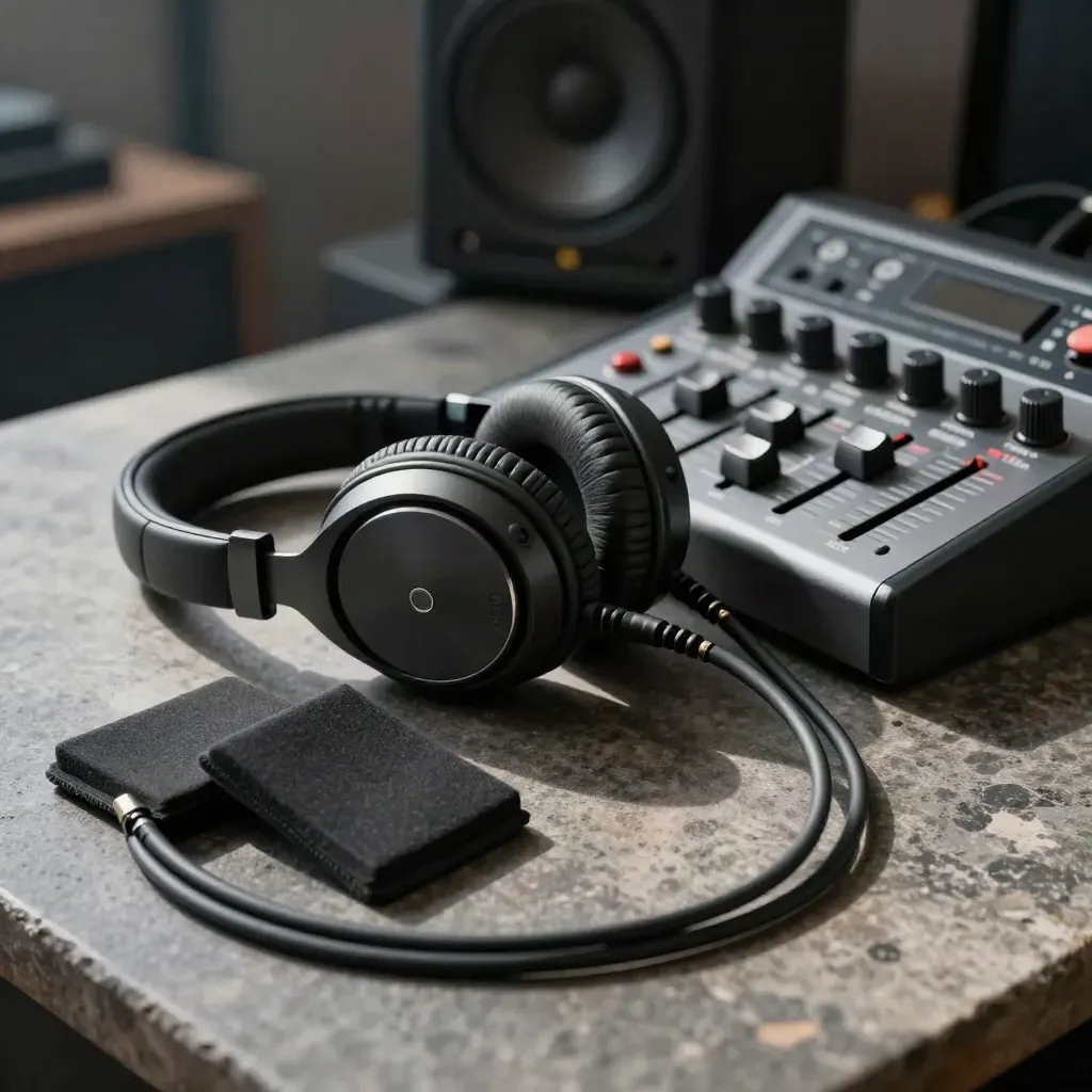 Graphite reference headphones, monitor controller and isolation pads on brushed stone