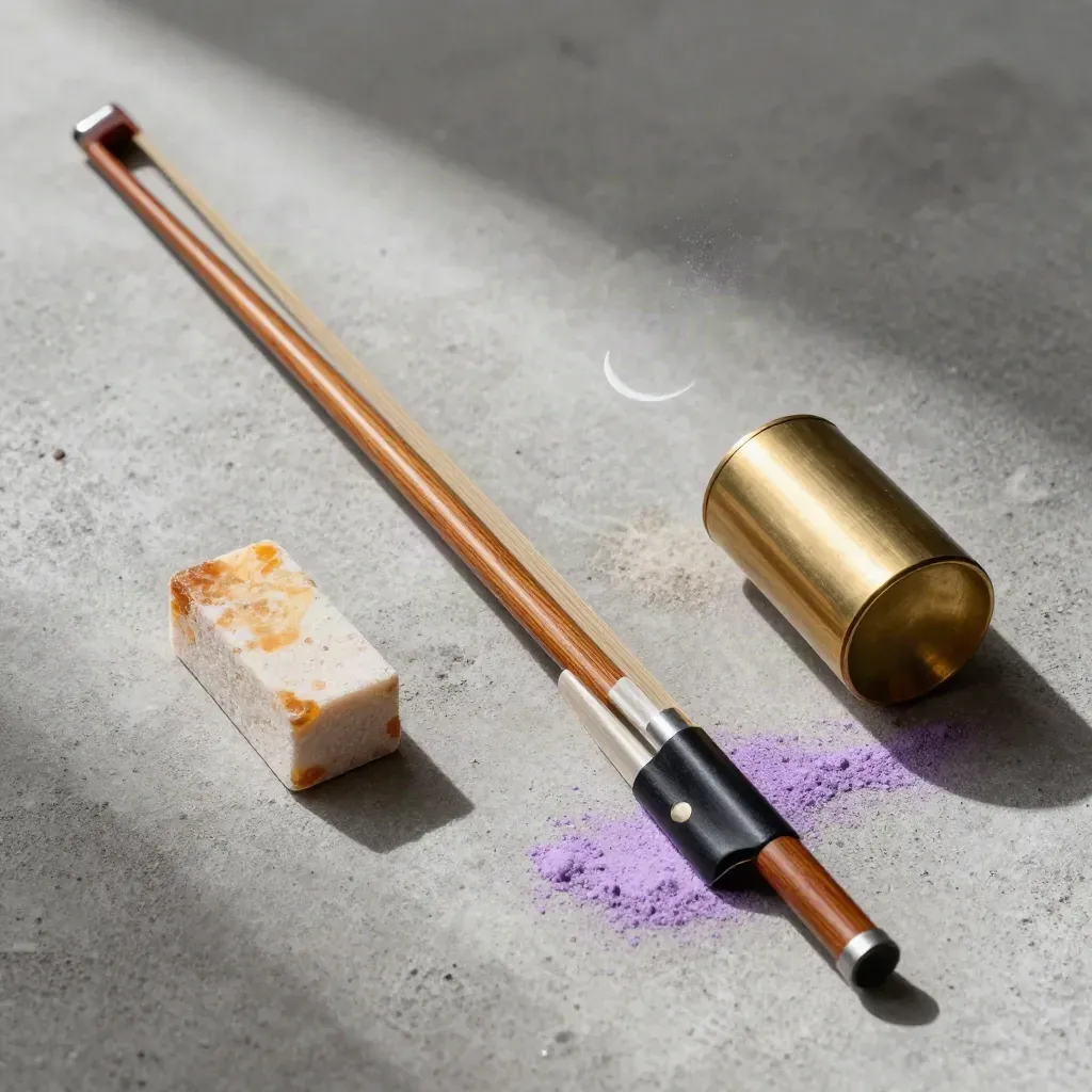 Overhead macro of a violin bridge, rosin cake, and brass mute on pale concrete with dust haze.