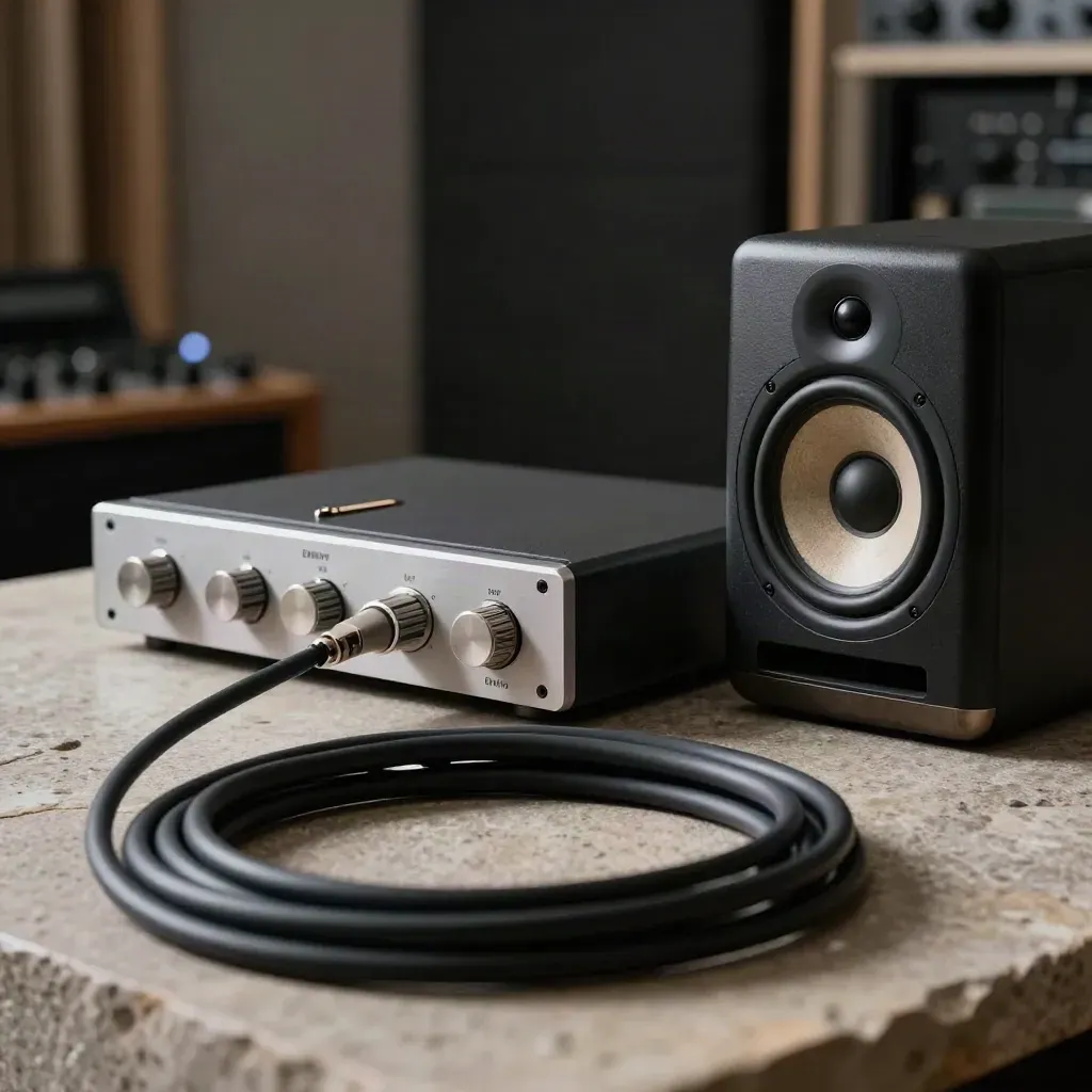 Audio interface, speaker cone, and braided cable on stone in a moody studio still life.