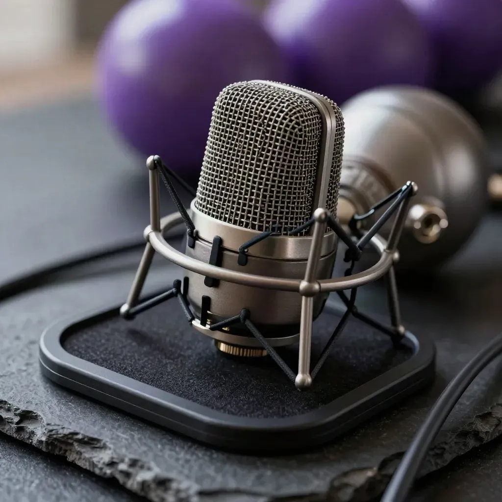 Macro of a mic capsule in a shock mount with pop filter frame and coiled cable on dark stone