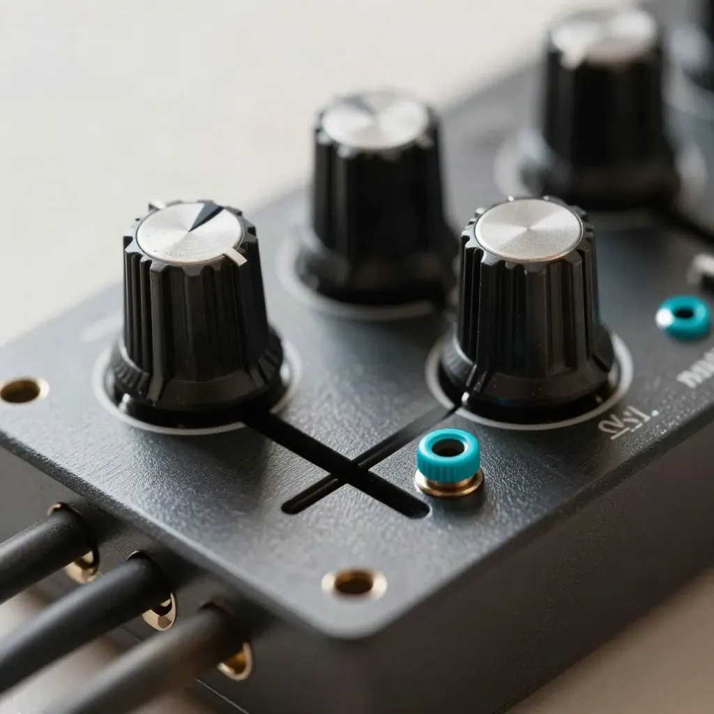 Twin oscillator knob cluster with two tiny patch plugs on a graphite synth module, extreme macro.