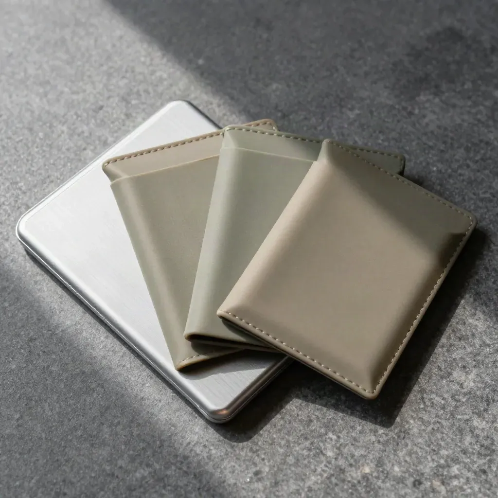 Aluminum memory card wallet with three fanned SD sleeves on graphite stone