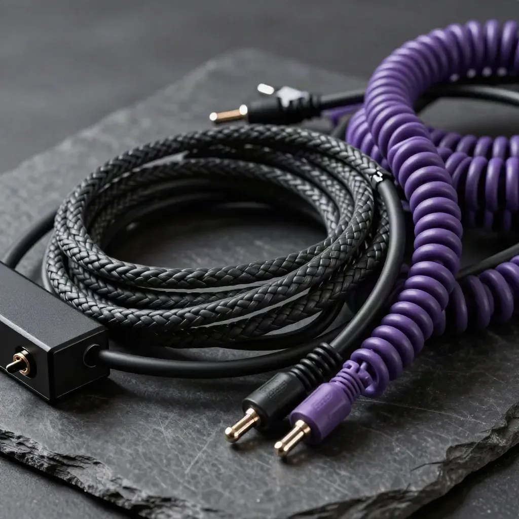 Braided patch cables coil around a splitter block on dark graphite stone, lit dramatically