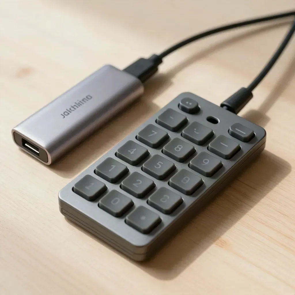 Overhead kit of a pad controller, USB-C hub, and adapters on pale wood.