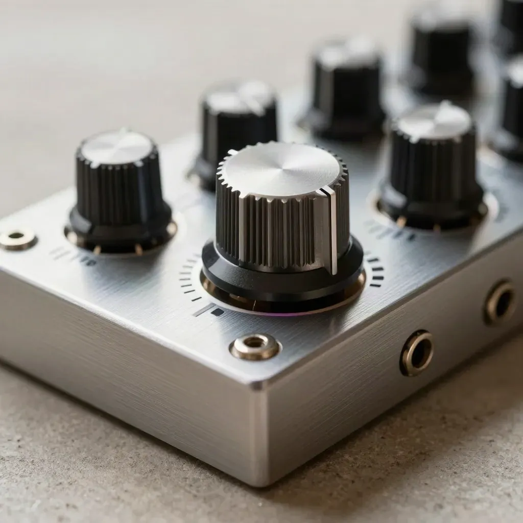Macro of a brushed aluminum synth filter module with three knobs on a concrete surface.