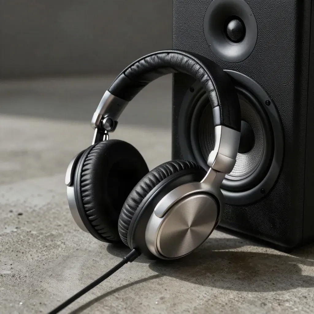 Headphones beside a small speaker cone and metal volume puck on concrete