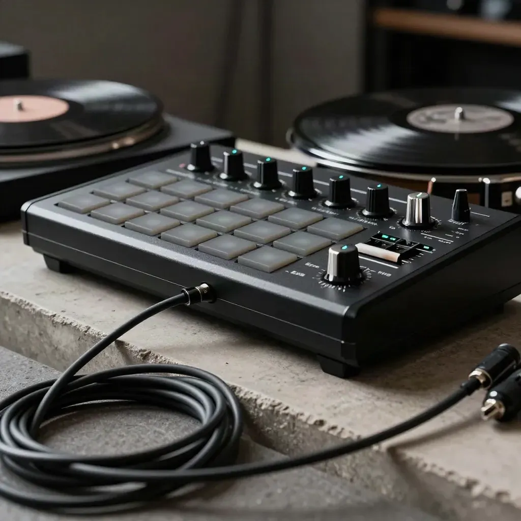 Drum machine, vinyl slipmats, and coiled patch cables seen through a foreground cable loop.