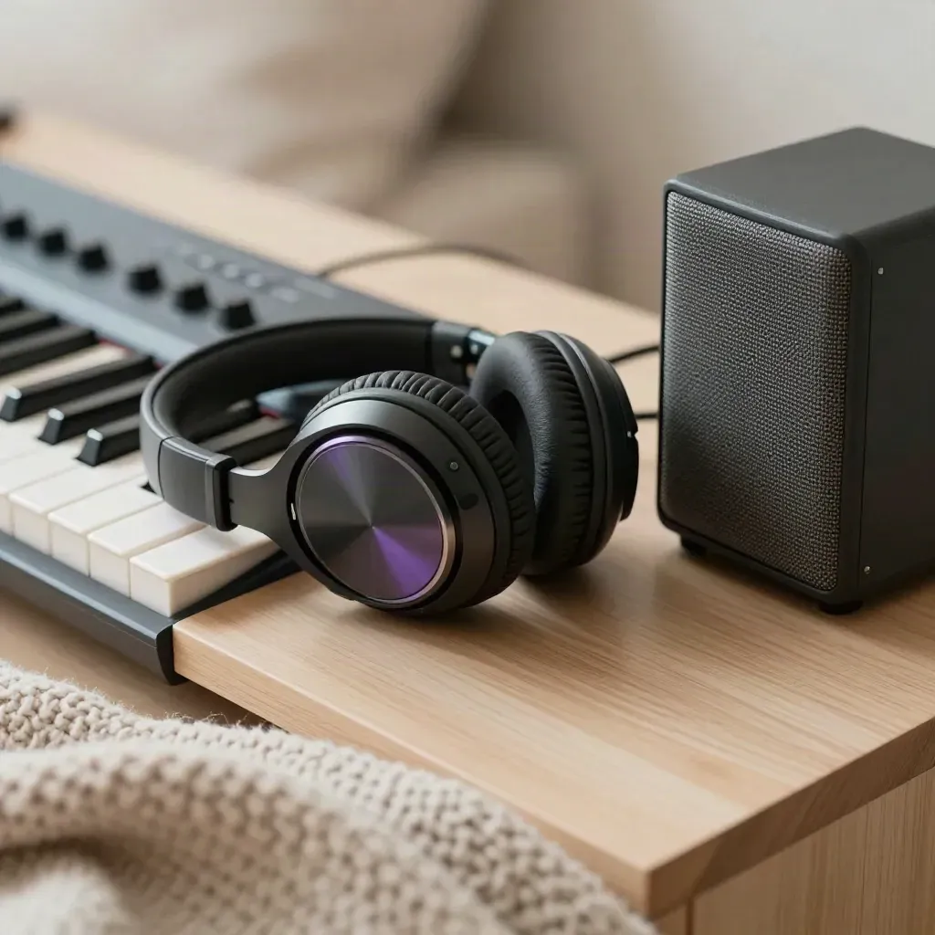 MIDI keyboard, closed headphones, and a desktop speaker on pale wood, seen through a knit blanket.