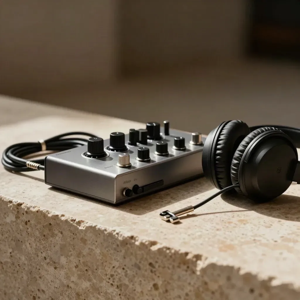 Mono synth, coiled cable and closed-back headphones on warm stone in dramatic studio light.
