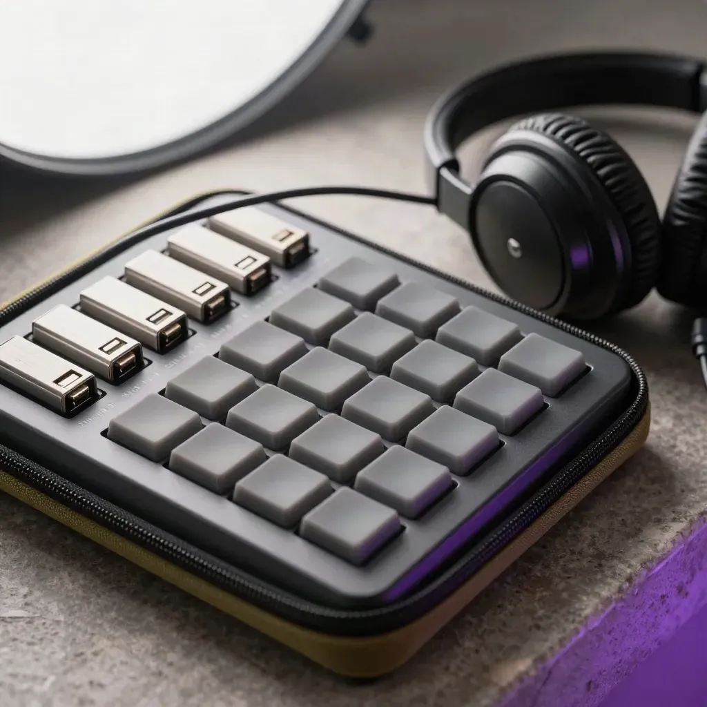 Top-down macro of a pad controller, headphones, and USB drives in a soft case on stone.