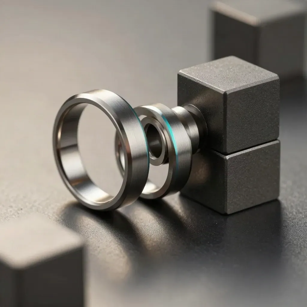 Interlocking metal rings, connector block, and graphite cubes on a dark studio surface