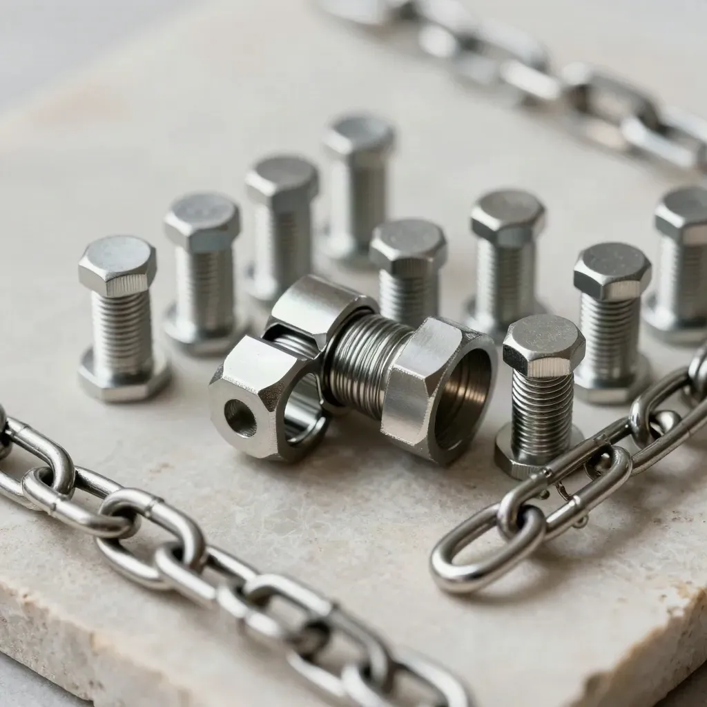 Macro cluster of chain links, hex standoffs and a half-open metal coupler on pale stone.