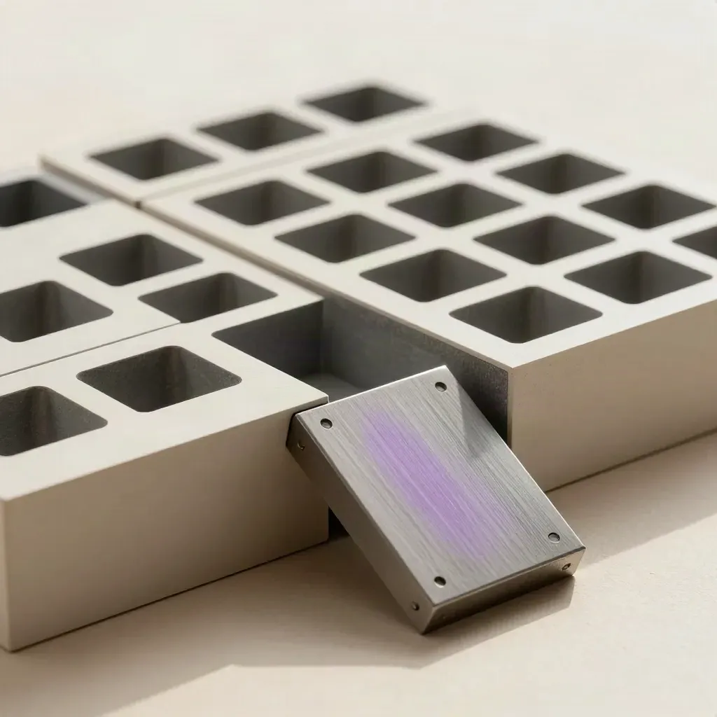 Graphite modular blocks shifting on cream plaster with a violet accent and soft daylight.