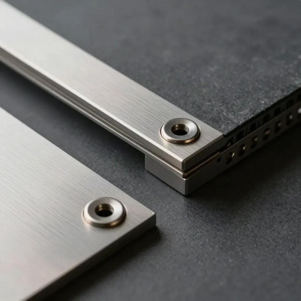 Snap-fit aluminum plates, magnets, and a perforated alignment frame on matte graphite.